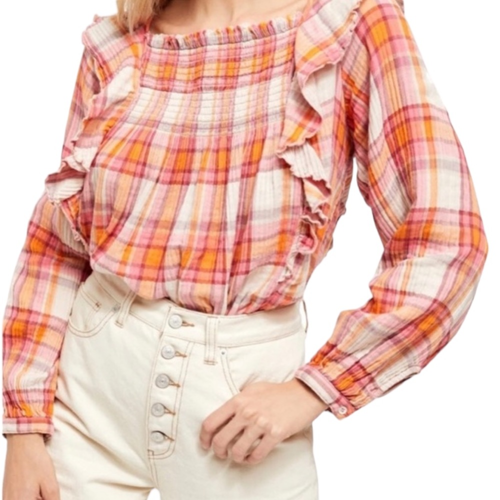 Free People “Siena” Plaid Top in Tea Combo NWT (F)